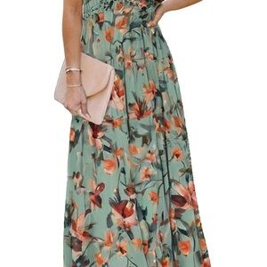 Boho Floral Maxi Dress in Green and Orange floral